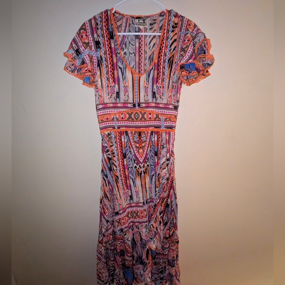 Jaase Colorful Women's Maxi Dress Flutter Sleeves & Faux Wrap Bottom Size Small